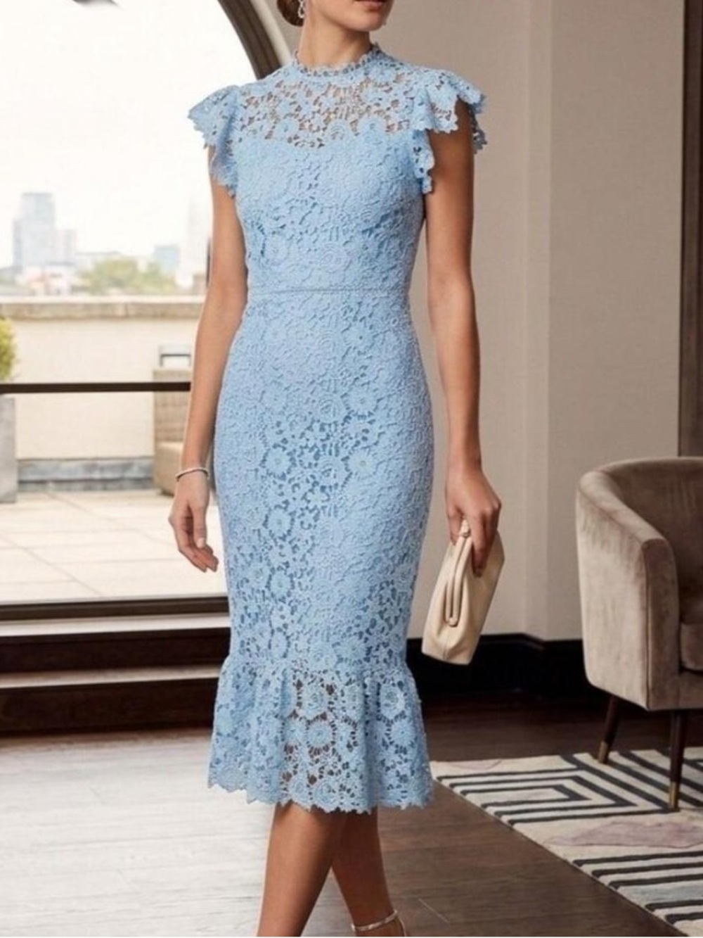 JJ’s House Light Blue Crochet Lace Midi Dress Mock Neck Flutter Sleeve M